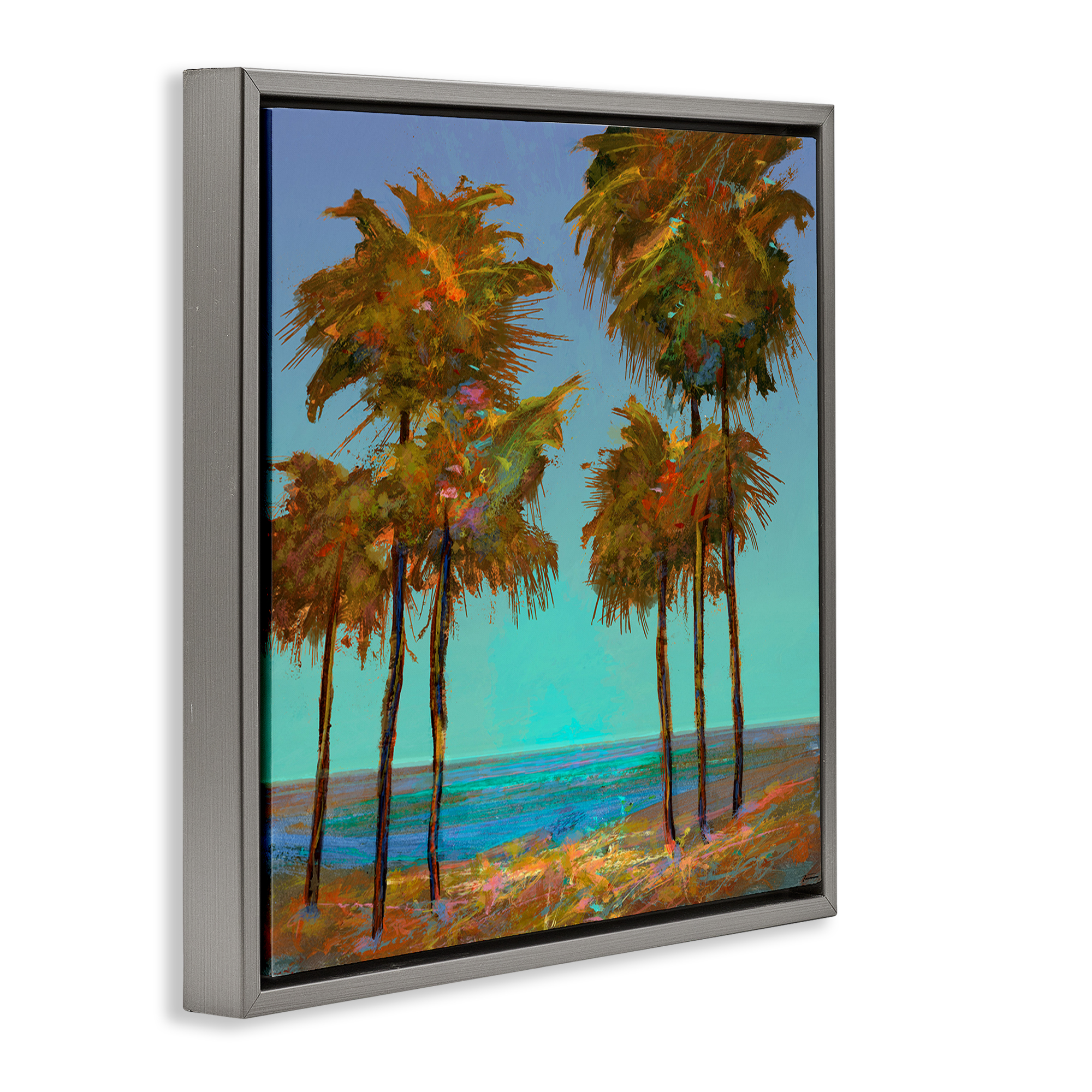 Stupell Industries Looming Green Palms Landscape Painting Gray Floater Framed Canvas Art Print Wall Art, 18 x 18