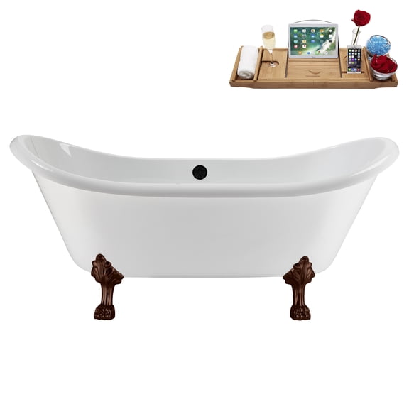 71" Streamline N5100ORB-BL Soaking Clawfoot Tub and Tray With External Drain in Matte Black and Matte Oil Rubbed Bronze Clawfeet