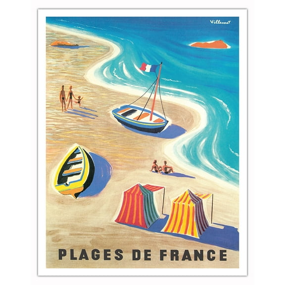 Beaches of France (Plages de France) - Vintage Travel Poster by Bernard Villemot c.1955 - Fine Art Matte Paper Print (Unframed) 11x14in