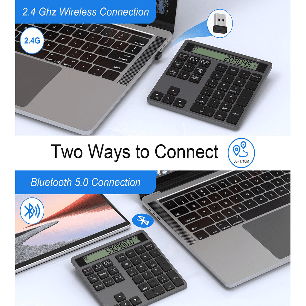 JOMAA Bluetooth +2.4G Wireless Numeric Keyboard with Display Calculator Wireless Number Keypad Financial Accounting Numpad Data Entry