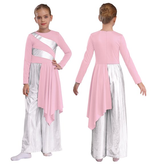LiiYii Kids Girls Liturgical Praise Dance Bodysuit Metallic Color Block Patchwork Long Sleeve Dancewear Pink 12