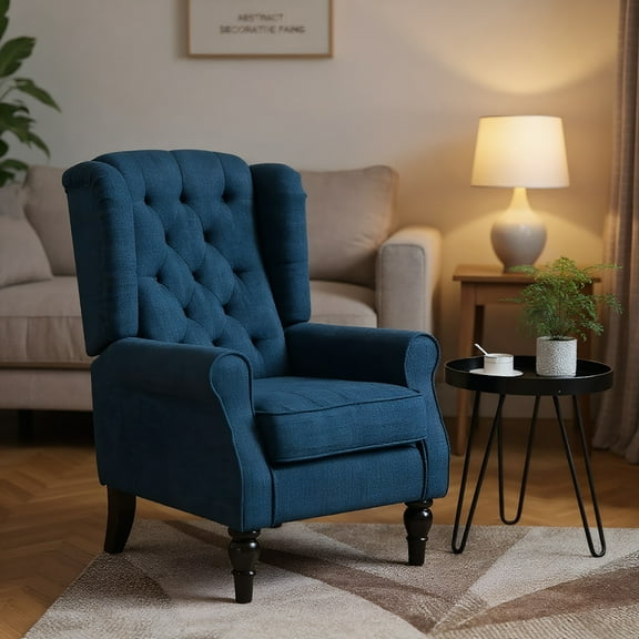 GVN Large Lazy Arm Chair, Lounge Sofa Chair,Fabric Tufted Club Accent Chair with Wooden Legs, Blue
