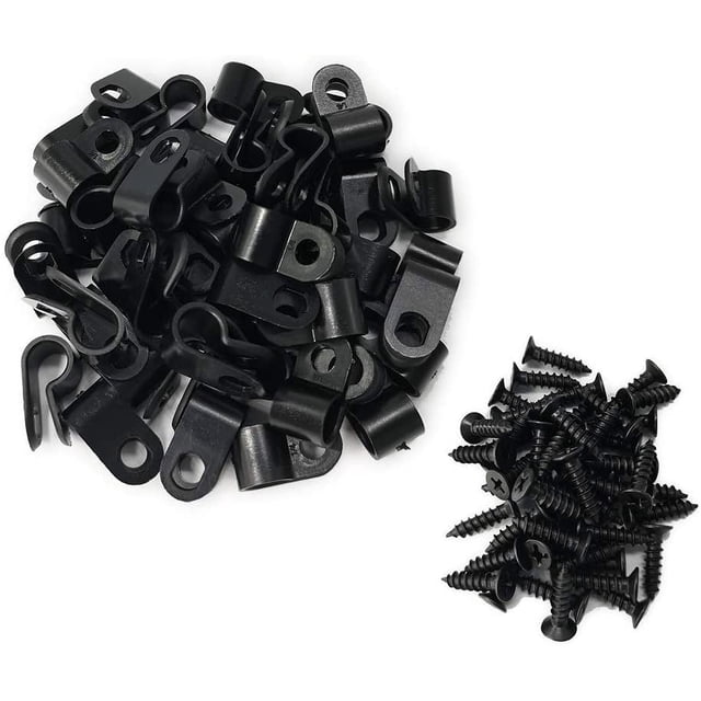 Cable Clamp R-Type Cable Clip Wire Clamp 1/4-inch Nylon Screw Mounting Cord Fastener Clips with Screws for Wire Management - 50 Pcs Cable Clamps + 50 Pcs Screws