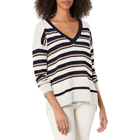 Lucky Brand Womens V-Neck Striped Sweater Medium Navy Combo
