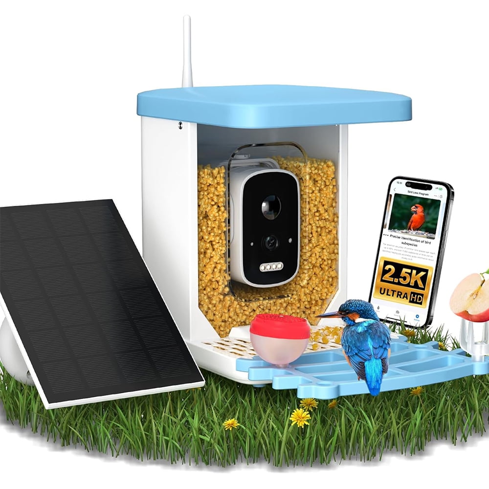 Smart Solar Bird Feeder with Camera, equipped with AI bird recognition, automatically captures high-definition backyard garden birdwatching footage, ideal gift for bird lovers.