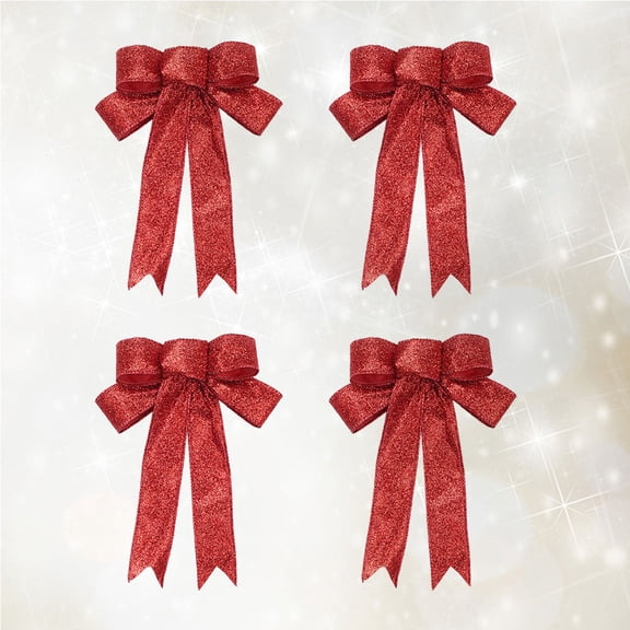 YUYUETIME Red Glitter 23cm Cloth Christmas Bowknot Ornament 4 Pieces