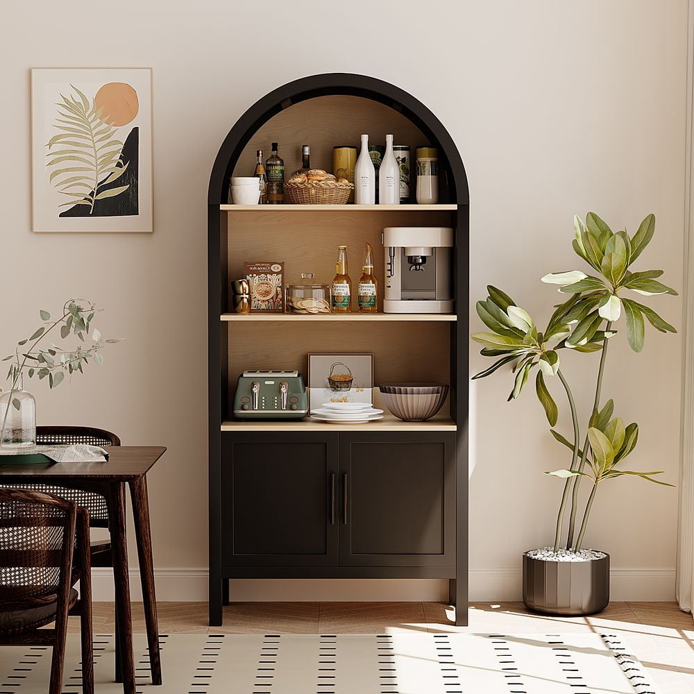 MINESTIA 66.7" Tall Arched Bookshelf, Modern Wood 4 Tiers Arch Cabinet Bookcase with 3 Open Shelves & Enclosed Storage, Black & Natural Wood