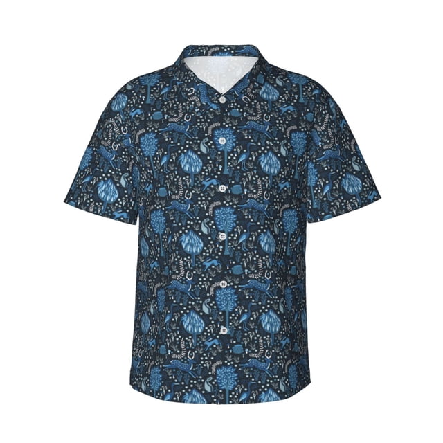 Balery Winter Blue Forest Deer Camisas hawaianas de manga corta para hombre, camisas playeras de corte holgado, camisas de vacaciones con botones,3X-Large