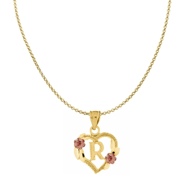 Precious Stars 14K Two-Tone Gold Flower and Heart-Shaped Initial 'R' Pendant with 16" Chain Necklace
