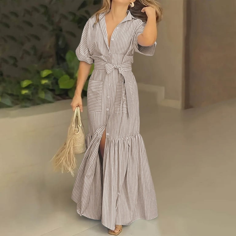 bohemia striped shirt maxi dress Miluxas Women's Button Down Short Sleeve Dress with Waist Tie & Pockets Casual Ruffle Hem Beach Dress for Summer Beige, Size Womens Summer Fashionable Casual spring_occasion 3 fall lipstick/outfit combination color:Olive