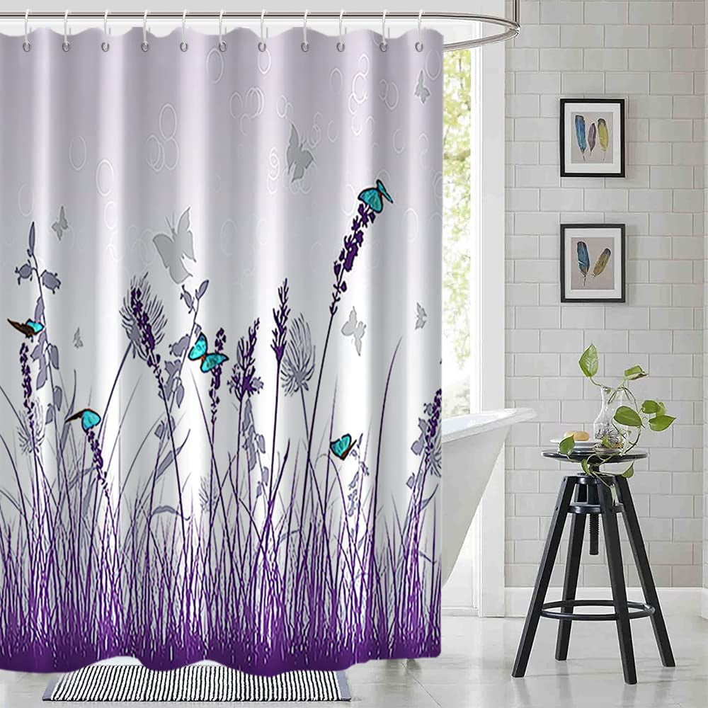 Lavender Shower Curtain, Purple Flower Butterfly Fabric Shower Curtain