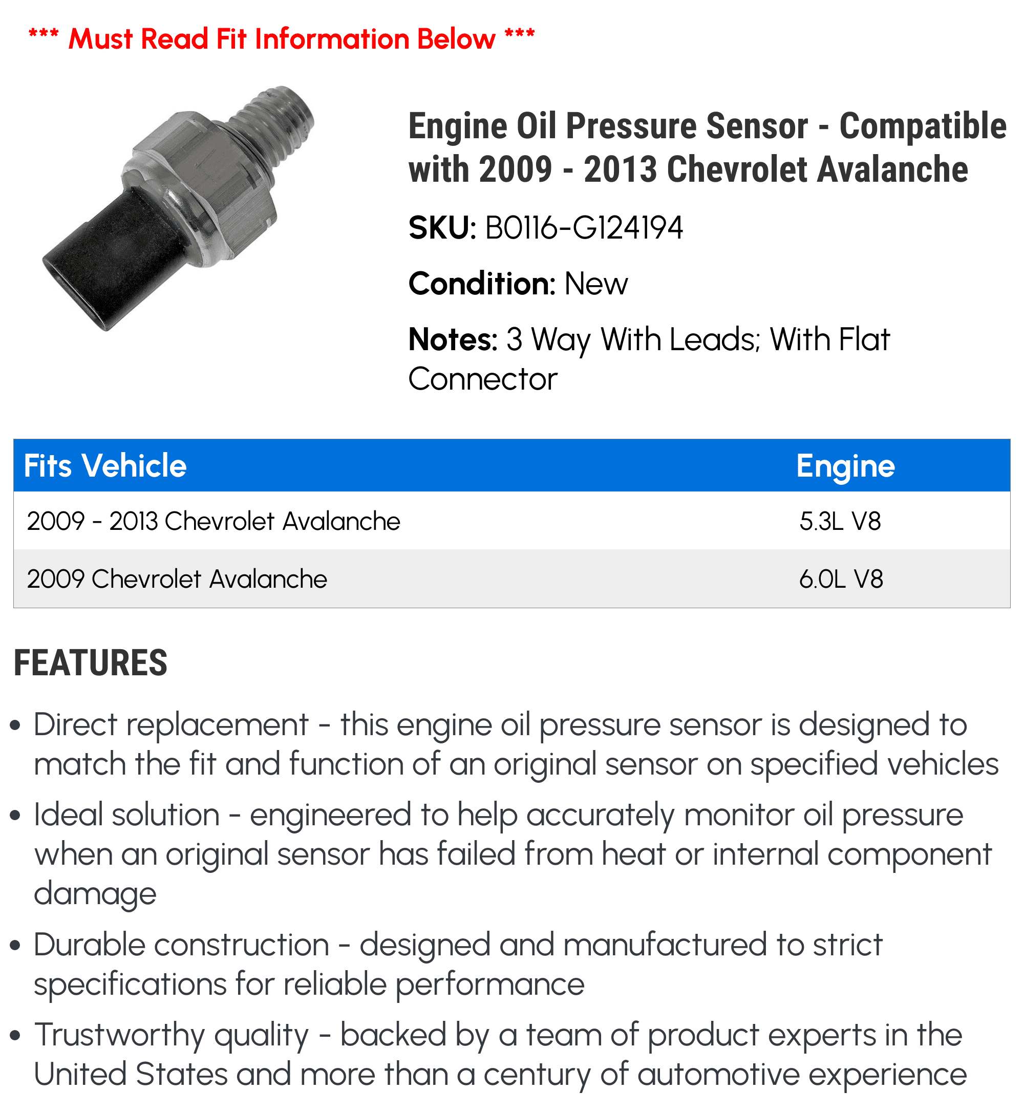 Engine Oil Pressure Sensor - Compatible with 2009 - 2013 Chevrolet Avalanche - Dorman