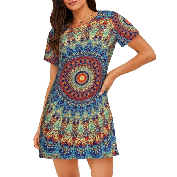 Balery Round Mandala Camisón de manga corta con cuello redondo para mujer, cómodo y elegante.