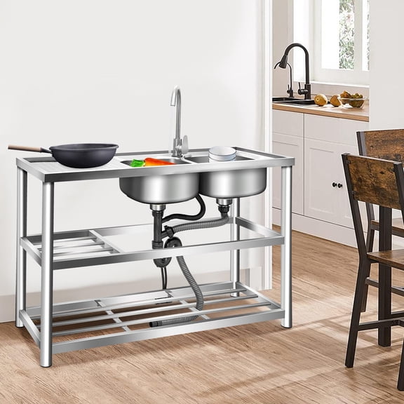 Utility Sink, Commercial Kitchen Sink with Countertop, Double Bowl Sink with Prep Table and Double Storage Shelves, Freestanding 2 Compartment Stainless Steel Sin for Kitchens, Laundry