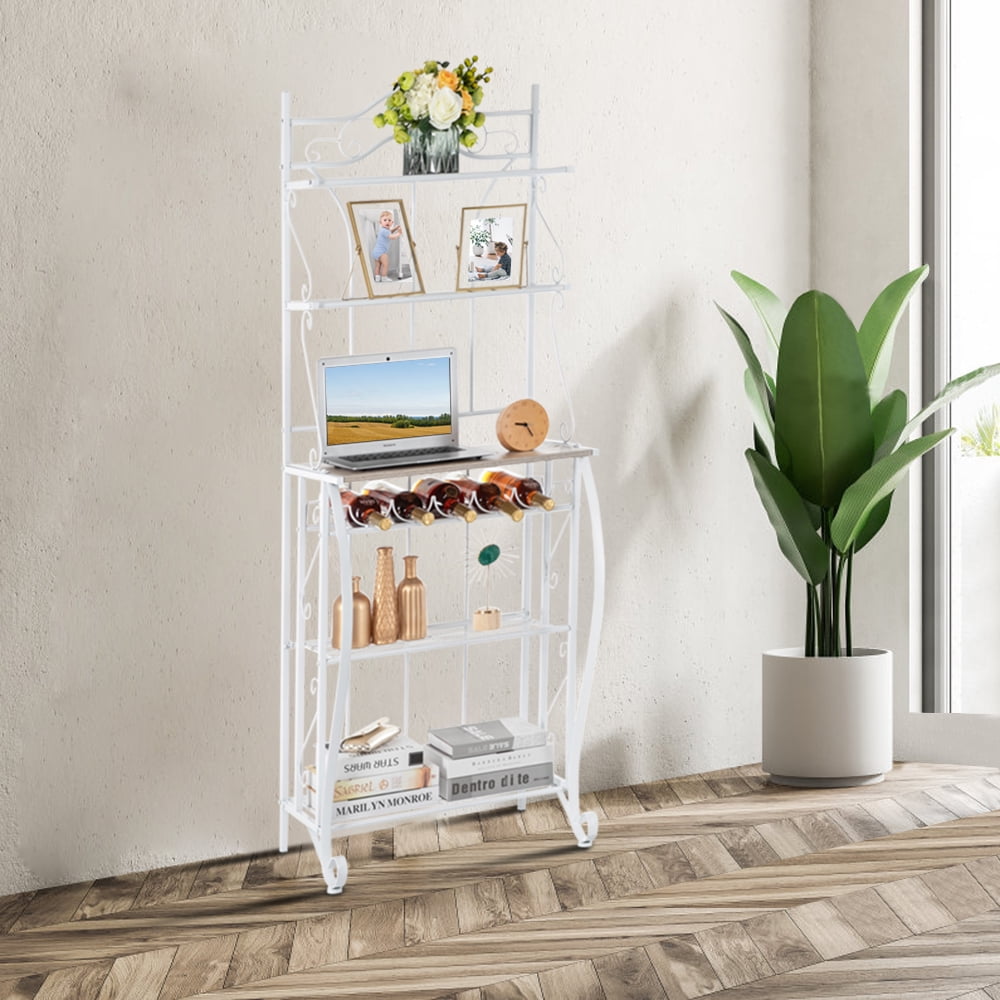 Kepooman 5-Layer Adjustable MDF Board Heavy Duty Storage Shelving Unit With Wine Rack Iron Kitchen Shelves, White Kepooman 5-Layer Adjustable MDF Board Heavy Duty Storage Shelving Unit With Wine Rack Iron Kitchen Shelves, White