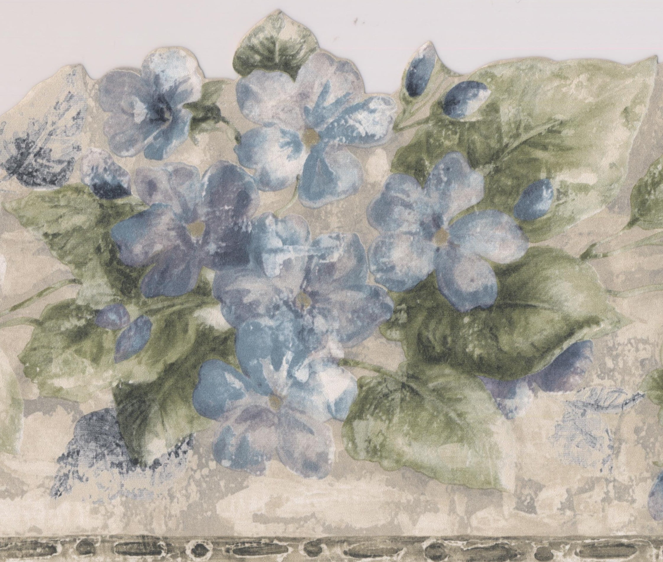 Blue Flowers Beige Vintage Floral Wallpaper Border Retro Design, Roll