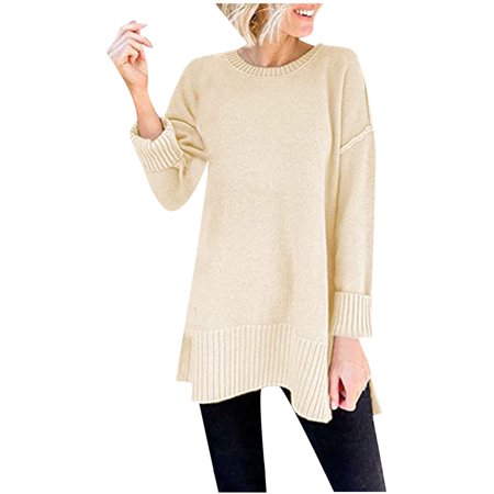 

Plus Size Tops for Women Crop Tops Women s Crew Neck Pullover Trendy Casual Solid Color Side Slit Loose Fit Top Blouse T Shirts for Women on Clearance Valentines Day Shirts Women Beige M
