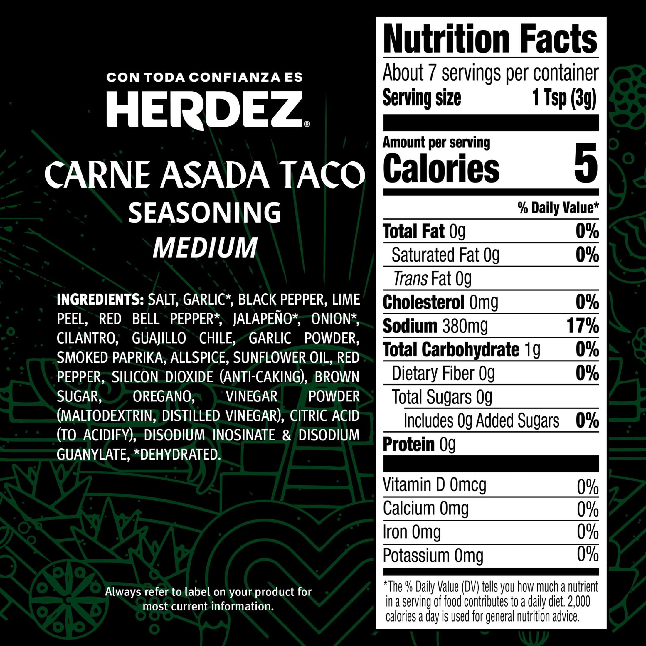 (2 pack) HERDEZ Carne Asada Taco Seasoning Medium, Taco Seasoning with Chile & Garlic, 0.78oz Packet