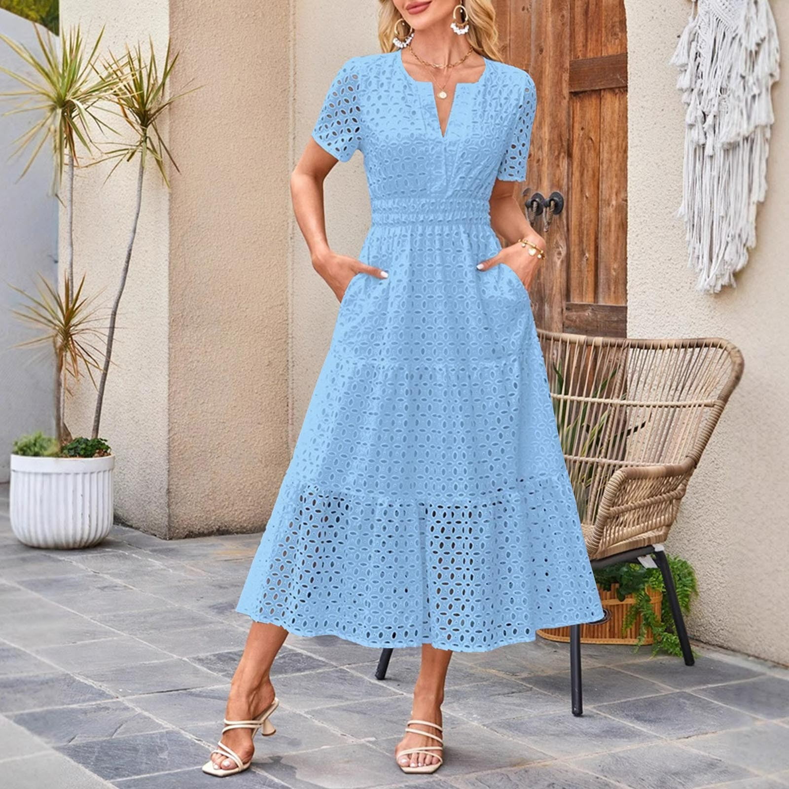 Axiiglly Cotton Dress for Women Hollow Out Midi Dresses Notch Neck Casual  Dress Elastic Waist Flowy Dress Short Sleeve Summer Dresses with Pockets -  Walmart.com