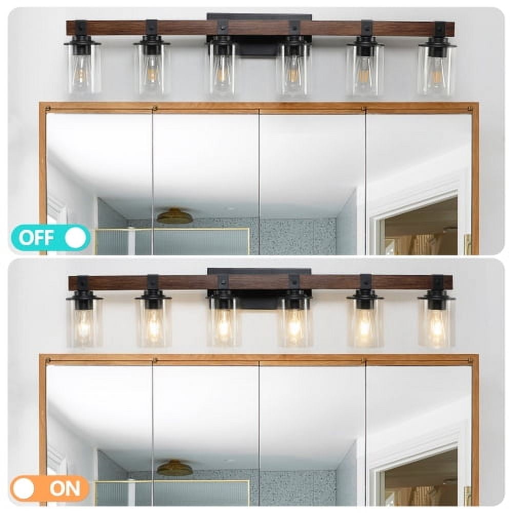 Hi-LIGHTS,6-Lights Farmhouse Rustic Bathroom Light Fixture with Glass Lampshade(Bulbs Not Included),Vanity Lights Fixture for Bathroom,Dressing Room,Bedroom,Living Room(Black)