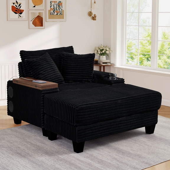 Muumblus Oversized Living Room Chair with Bluetooth Speaker, Ottoman, Rotating Table Board & USB, Cozy Indoor Lounge Reading Armchair, Black Corduroy
