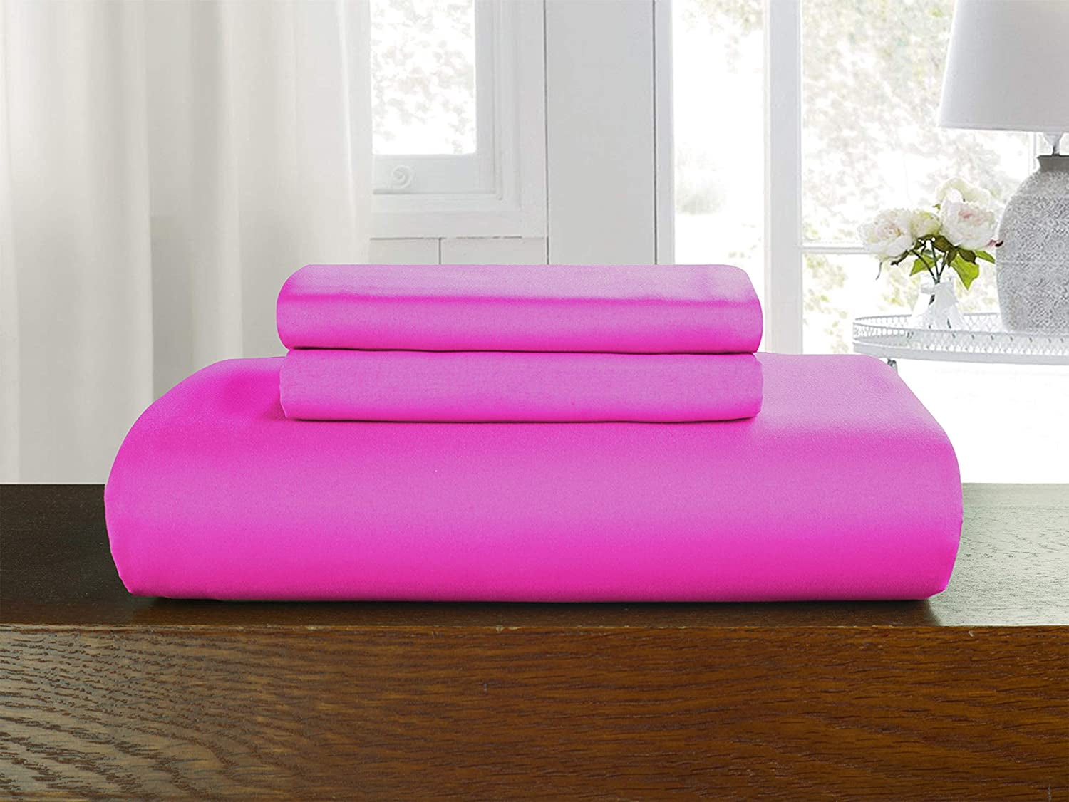 Soft and Cozy Solid Duvet Cover with Matching Sham, Button Closure & Corner Ties, 3-Piece Set, Full/Queen, Hot Pink