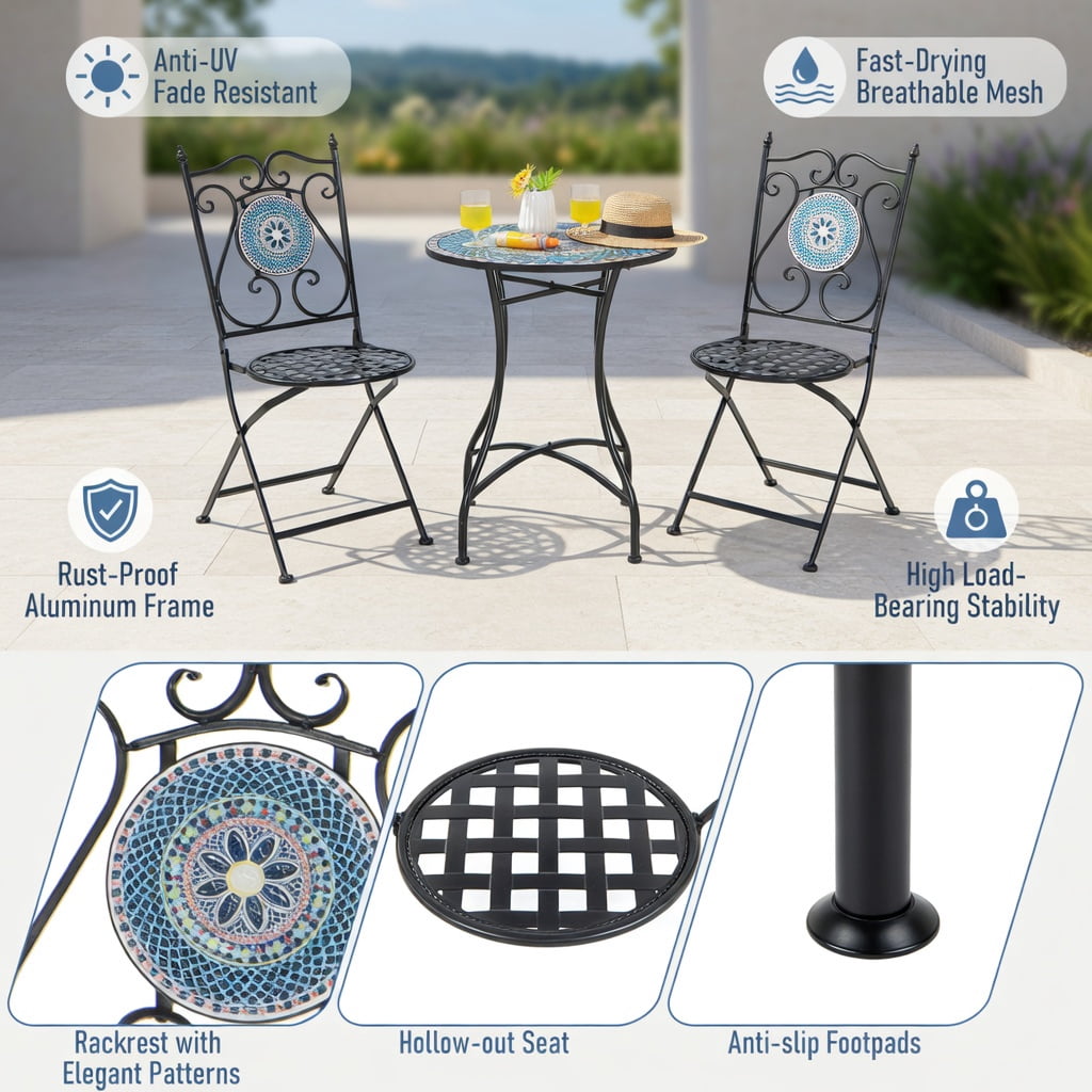 Hommoo 2-Pack Folding Patio Chairs with Mosaic Tile Design, Heavy-Duty Metal Frame, Indoor/Outdoor Use, Black