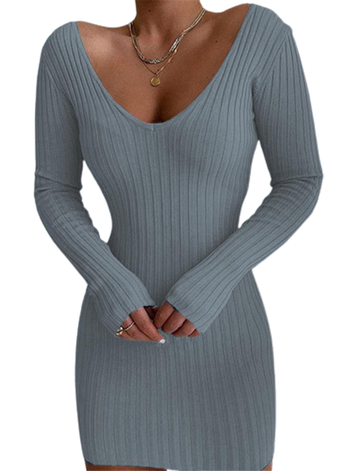 Upairc Women Long Sleeve Jumper Dress Knitted V Neck Mini Dresses Grey L, Women's, Size: Large, Gray