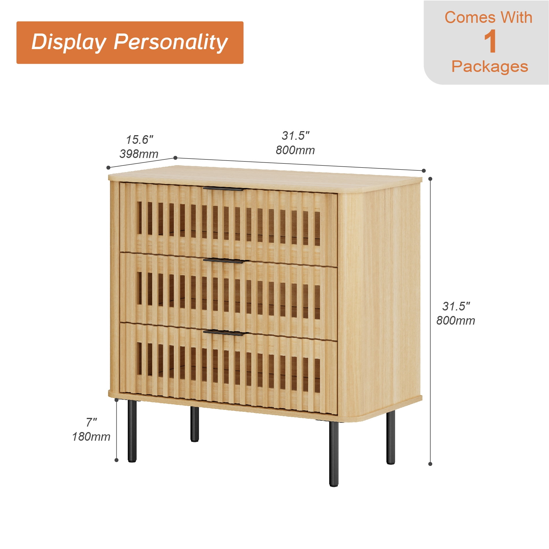 31.5"W Sideboard Buffet Cabinet with Storage, Fluted Kitchen Buffet Storage Cabinet with 3 Drawer, Large Coffee Bar Cabinet, Modern Buffet Table for Dining Living Room, Oak