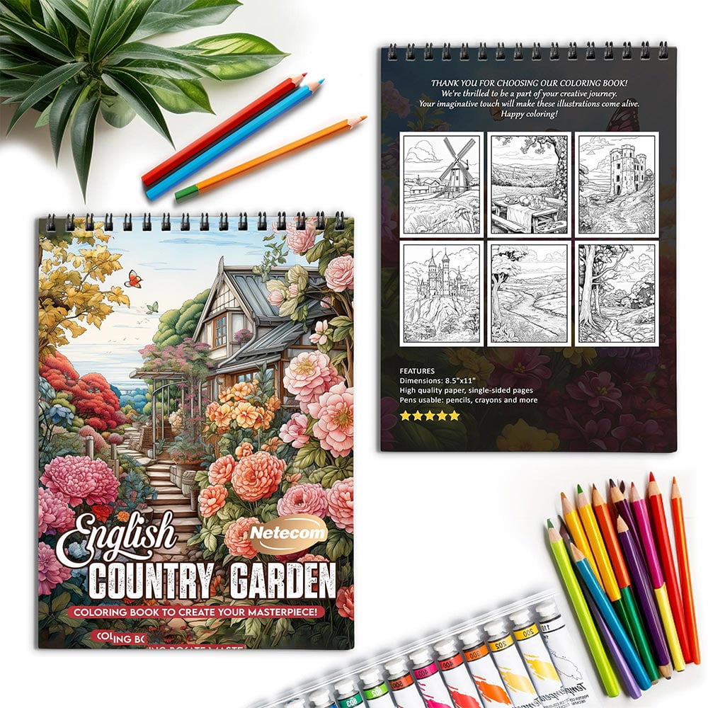 Netecom English Country Garden Coloring Book for Adults, Spiral Bound, Soft Cover