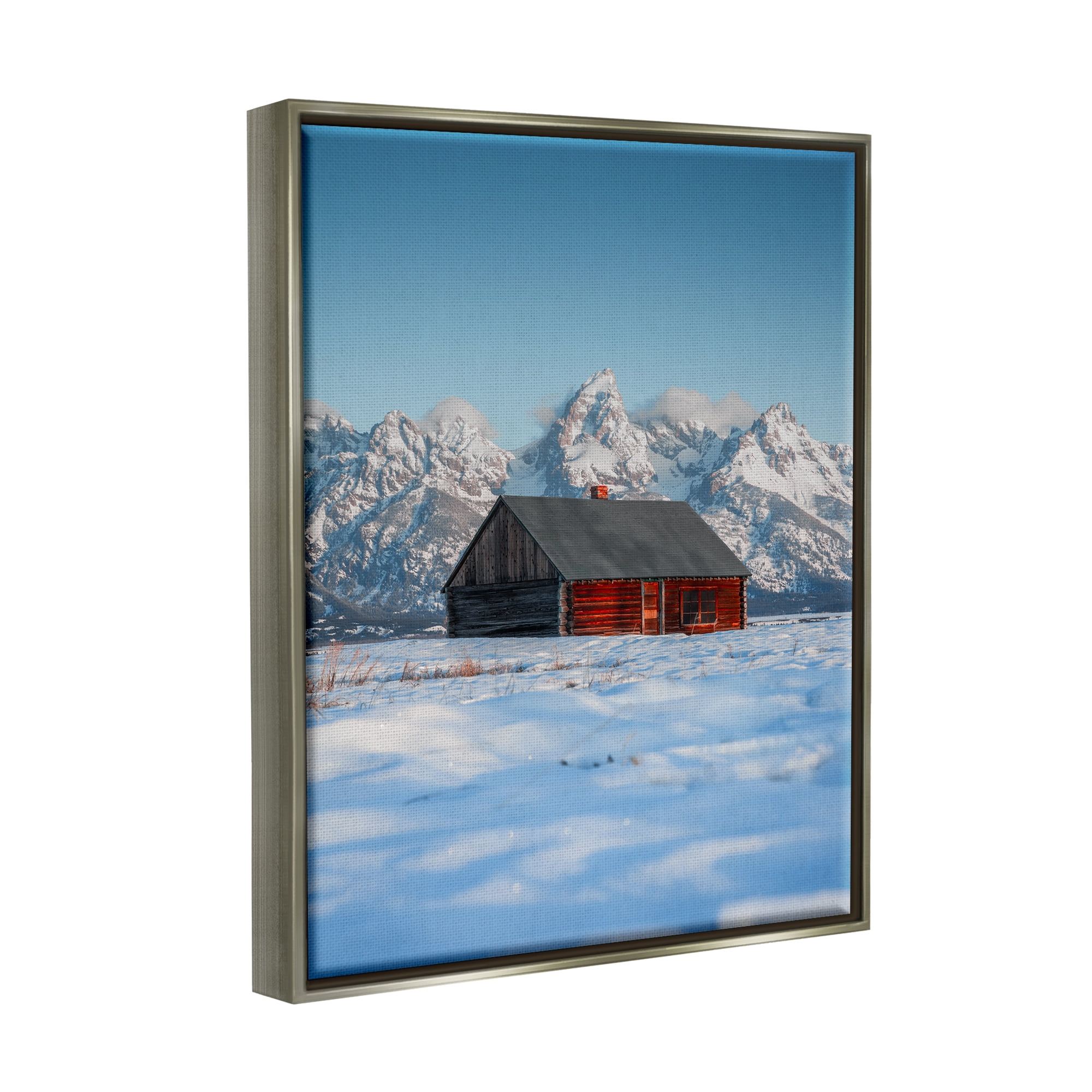 Stupell Industries Cabin in Snowy Mountains Landscape Photography Gray Floater Framed Canvas Art Print Wall Art, 17 x 21