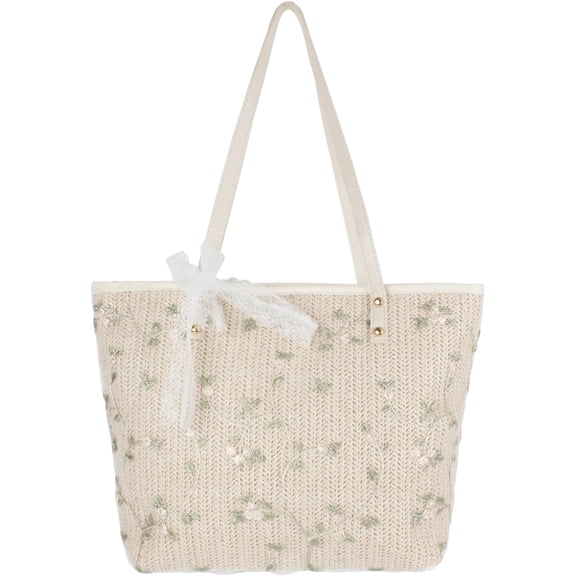 LinYooLi Women Large Floral Lace Straw Woven Shoulder Bag Beach Handbag Top-handle Bag Tote