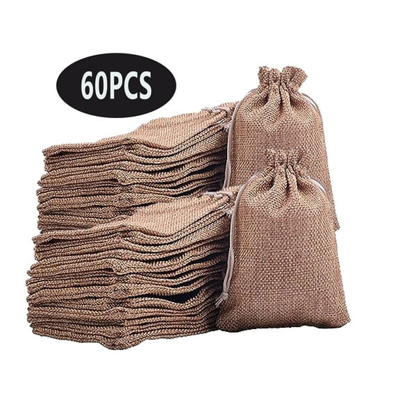 60 Pcs Burlap Gift Bags with Drawstring,3.9x5.5in, Reusable Linen Jewelry Pouches for Birthday Wedding Party Christmas Gifts