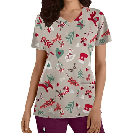 

SUWHWEA Christmas Gift Scrub Tops Women s Fashion Short Sleeve V-Neck Tops Working Christmas Printing With Pocket Blouse Tops on Clearance