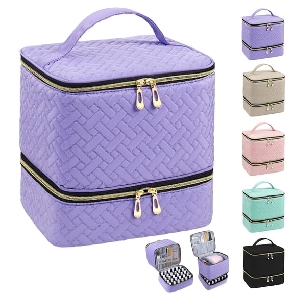 Double-Layer Quilted Nail Polish Storage Bag, Large Capacity Makeup Bag with Dedicated Nail Polish Compartment, Polish Organizer Bag Hold 30 Bottle, for Nail Techs & DIY Girls(Purple)
