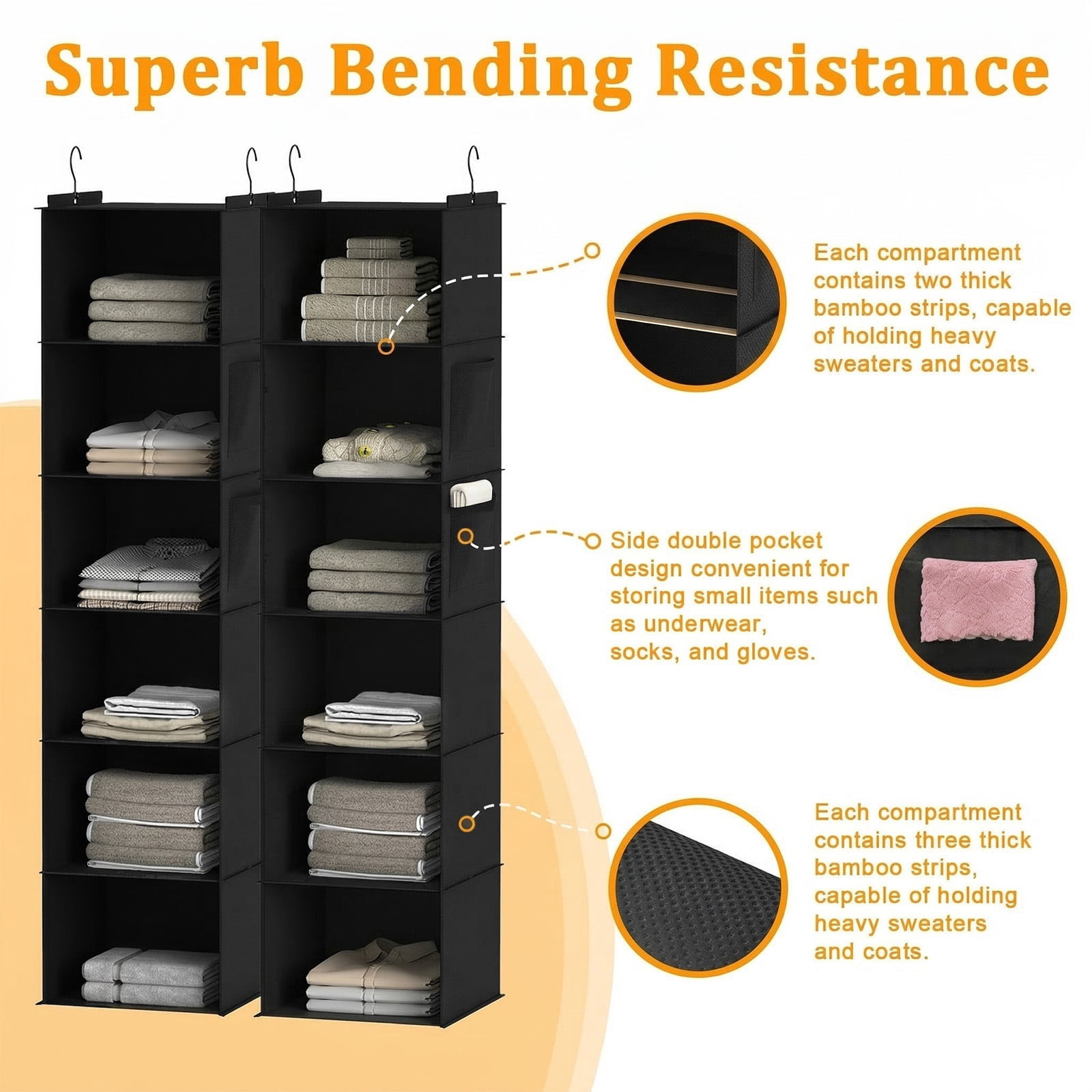 Closet Hanging Storage Shelves, 6-Shelf Hanging Closet Organizer with Bamboo Inserts, Foldable Closet Organizers and Storage for Bedroom,Sturdy Hook Closet Storage W/ 2 Side Pockets,Gray