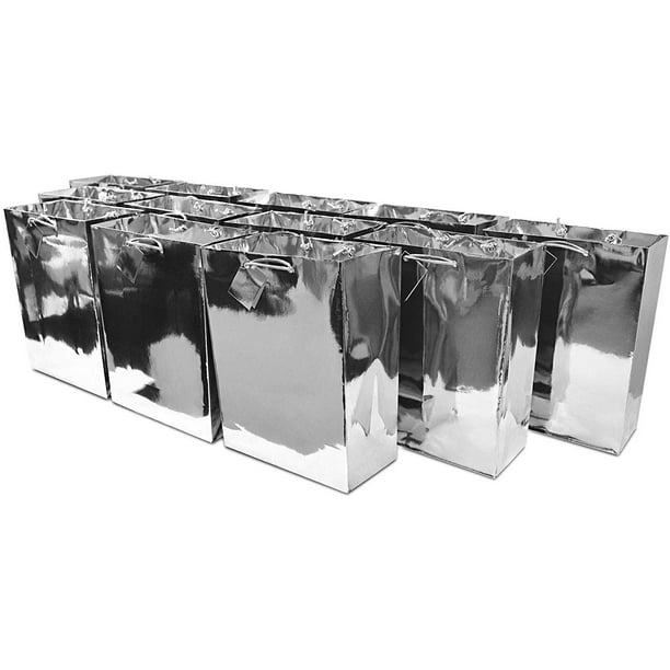 Silver Foil Gift bags with Handles, Designer Solid Silver Paper Gift Wrap Bags for Birthdays
