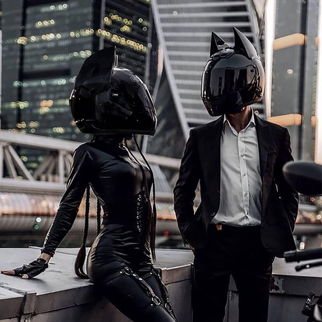 Personalized Full Face Cat Bat Ear Bluetooth Motorcycle Helmet Black Cool Adults Men Woomen Locomotive Helmet, Comfortable Breathable Scooter Moped Cruiser Jet Chopper Helmets, M（54-56cm）