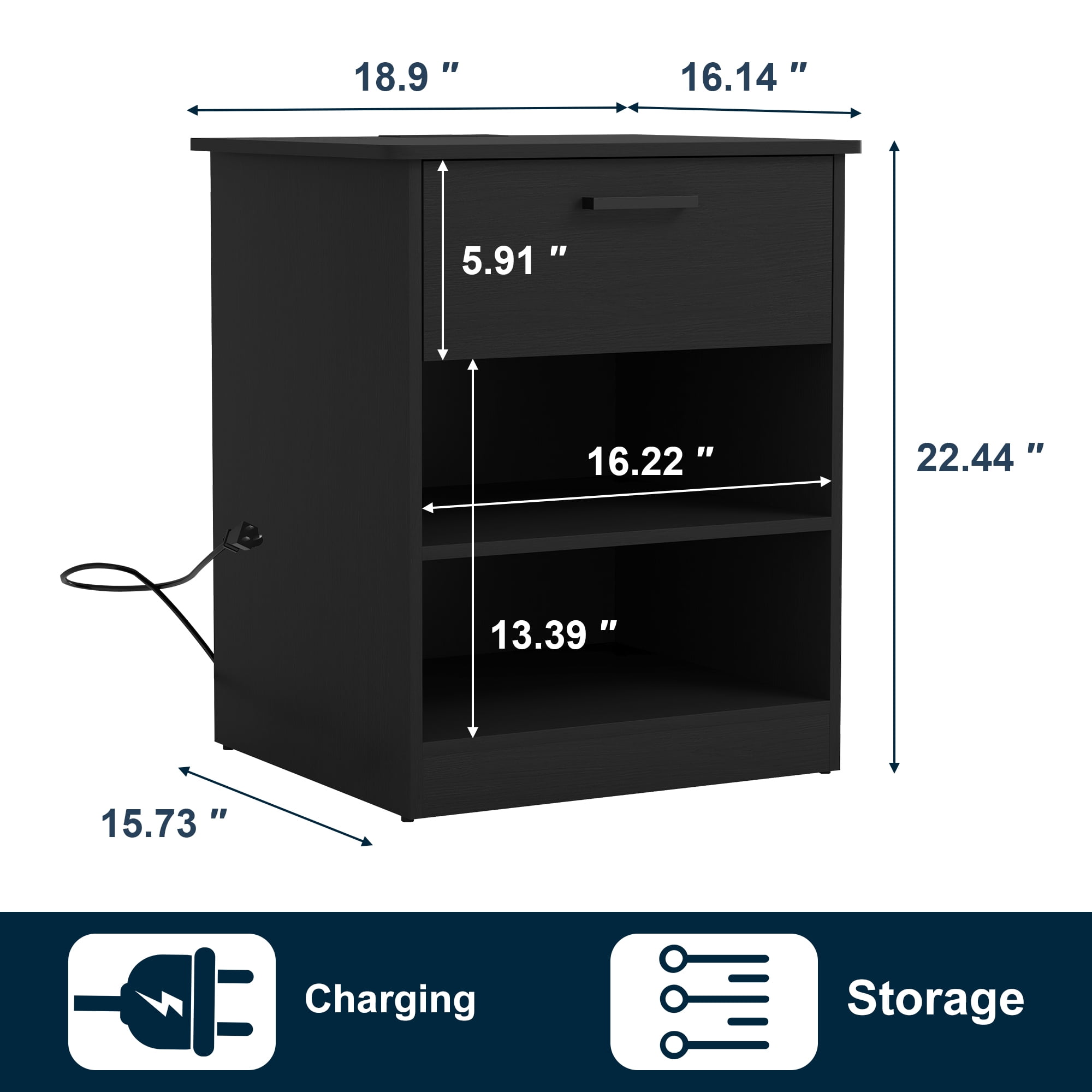 Demi Bonn 18.9" Side Table with Fast Charging Station USB C Cable Fast Charging, Wood End Table Nightstand with Drawer and Shelf for Living Room, Black