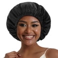 thumbnail image 1 of Gorro de satén para dormir con ajuste antideslizante y ajustable, pañuelo de seda reversible de doble capa para el cabello, color negro., 1 of 5