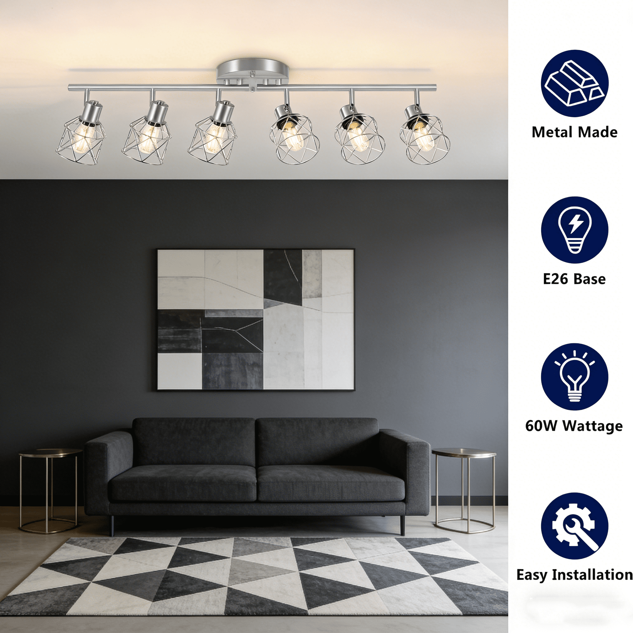 Adjustable Multi-Directional Brushed Nickel Light Fixtures, Semi Flush Mount Ceiling Light, Kitchen Light Fixtures Ceiling Mount, Geometric Metal Cage Industrial Spotlight Fixtures