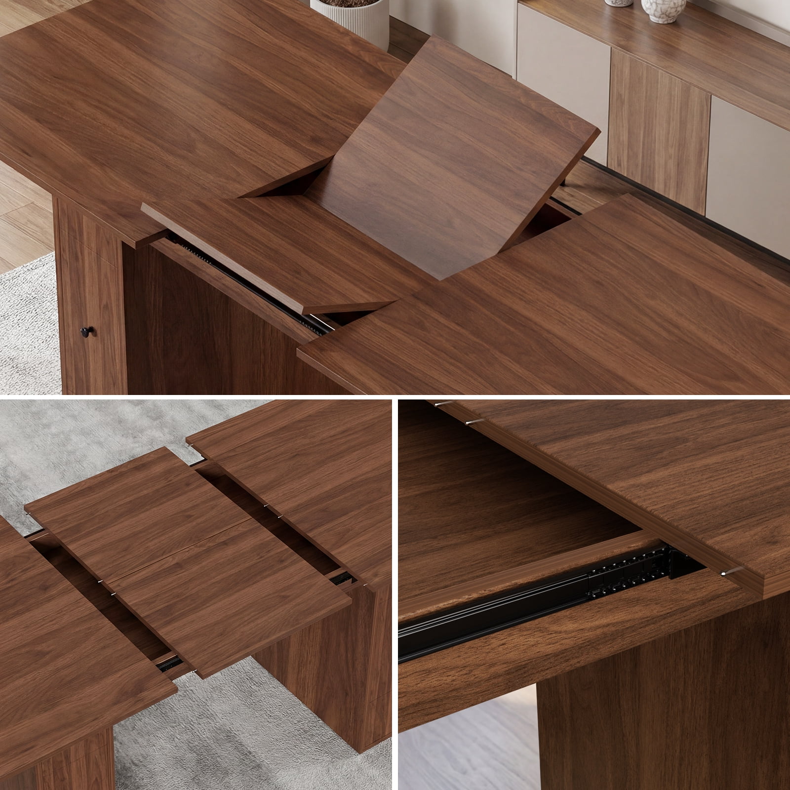 Advwin Extendable Dining Table for 6-10 People, 63" to 79" Space-Saving Folding Table with 4 Storage Drawers, Modern Rectangular Wooden Expandable Table for Dining Room, Kitchen, Office, Walnut