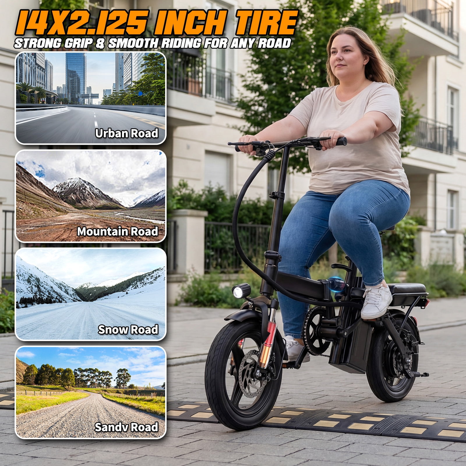 14''Foldable Adult Electric Bike, 48V 10ah 560W Motor, 3-Speed Gearing, Dual Spring Shock Absorbers, Front And Rear Led Safety Lights, Portable Design, With Basket/Phone Holder/Lock