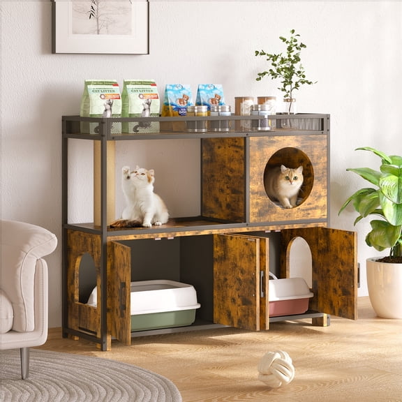 YODOLLA Cat Litter Box Enclosure for 2 Cats, Wooden Hidden Litter Box Furniture with Double Cabinets, Storage Shelves and Scratching Post, Cat House End Table for Living Room, Rustic Brown