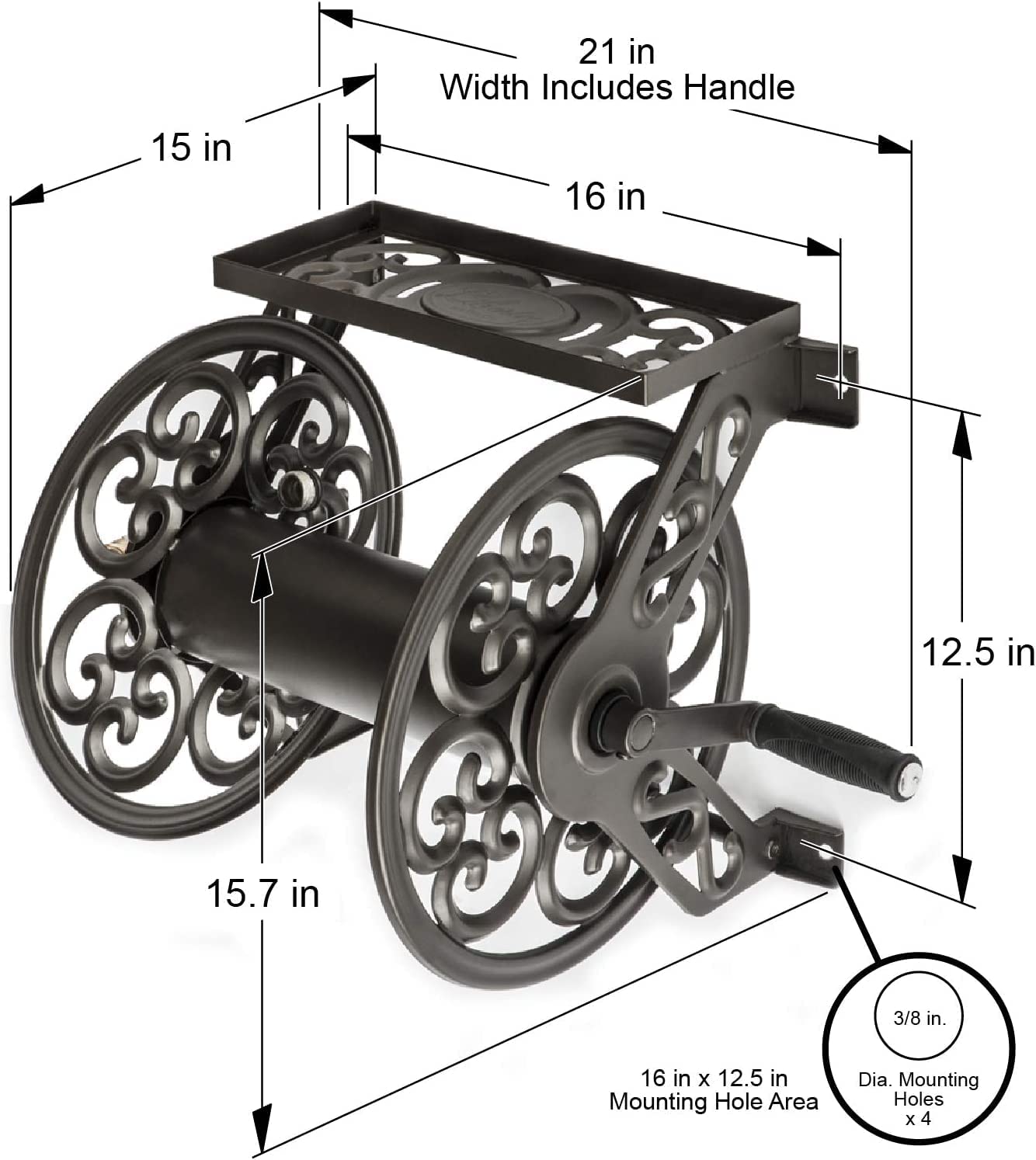 Liberty Garden 708 Steel Wall Mount Garden Hose Reel, Holds 125ft 5/8" Hose, Decorative Bronze Finish