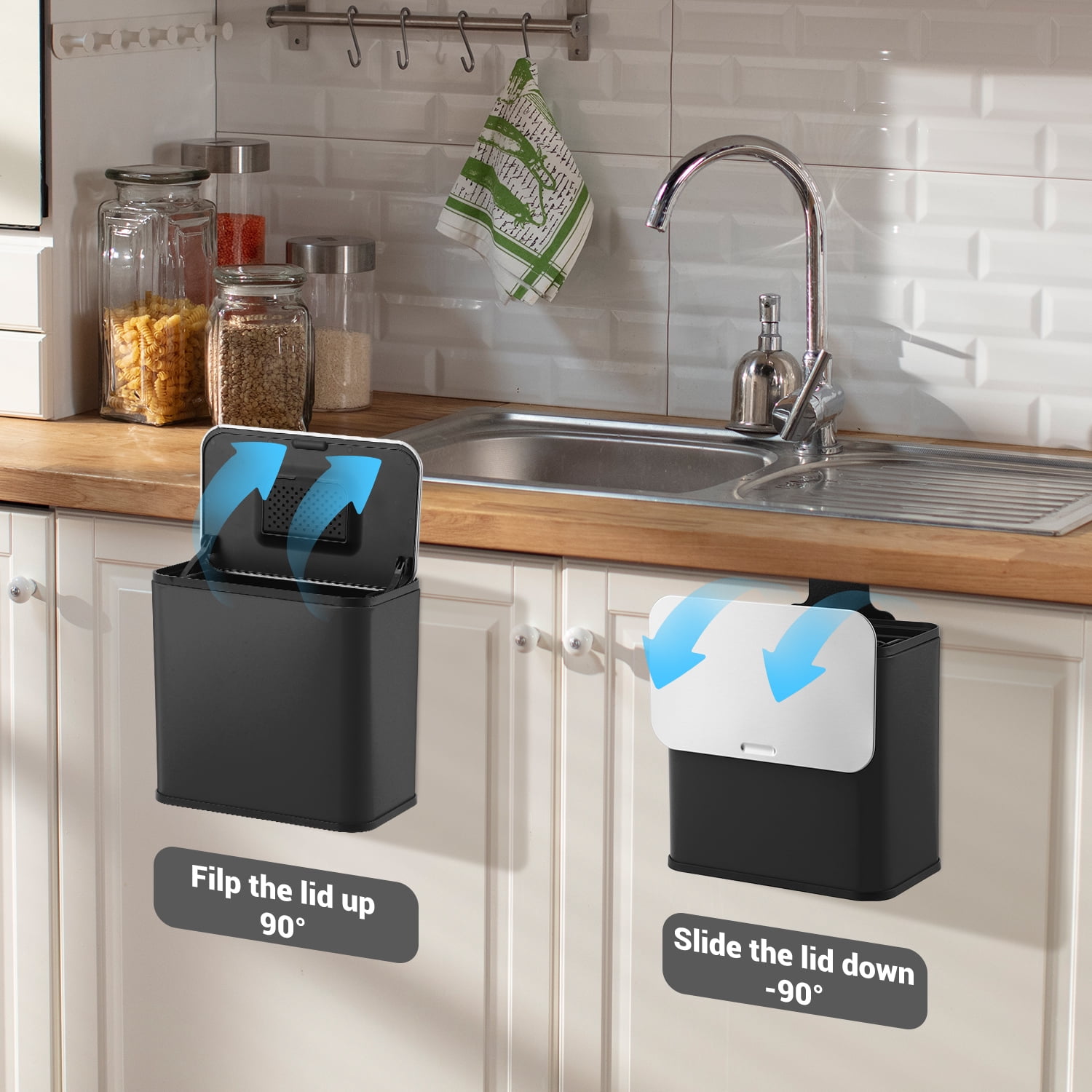 1.3 Gallon Stainless Steel Kitchen Waste Bin Compact Small Trash Can Durable Garbage Bin for Countertop Under Sink Bathroom Bedroom Cupboard - Black