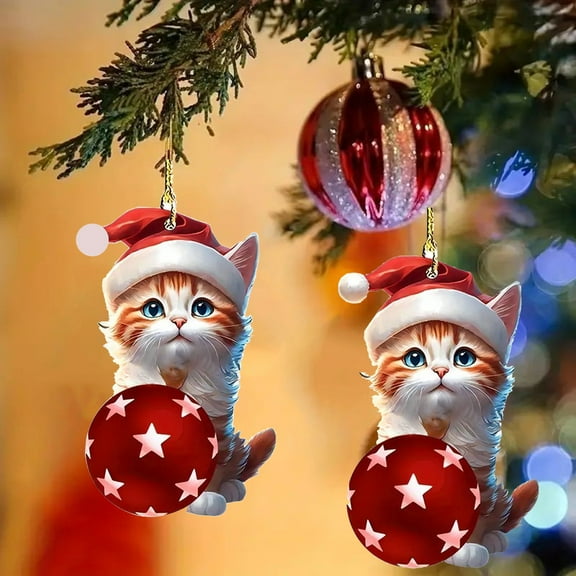 2Pcs Cute Kitty Christmas Acrylic Ornaments, Santa Hat Cat with Star Ball Hanging Decor, Festive Pendants for Xmas Tree & Car Rearview Mirror