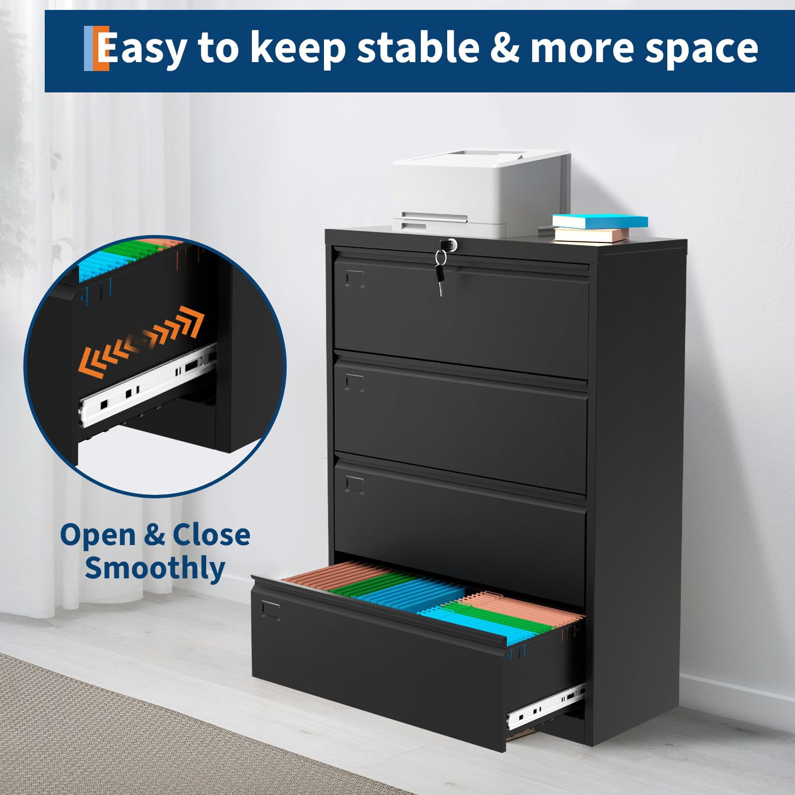 BouPower File Cabinet 4 Drawer,Filing Cabinet with Lock,Metal File Cabinets for Home Office, Office Cabinet for Hanging Files Letter/Legal/F4/A4