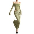 thumbnail image 2 of Women'S Mesh Off Shoulder Dress Elegant Sheer See Through Long Sleeve Ruched Bodycon Maxi Dresses Green S, 2 of 9
