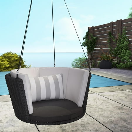 Novogratz Poolside Gossip Collection, Sally Patio Hanging Swing, Gray Striped Cushion, Black Wicker